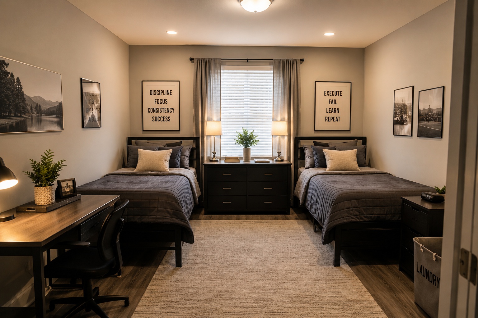Furnished shared bedroom at Hollands Haven with two beds, desk, and warm lamp light